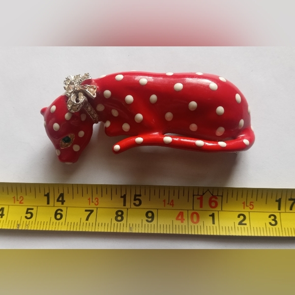 Kenneth Lane Enamel Crystal 1980's Red/White Polka Dot Leopard Signed VTG Brooch - Picture 3 of 16